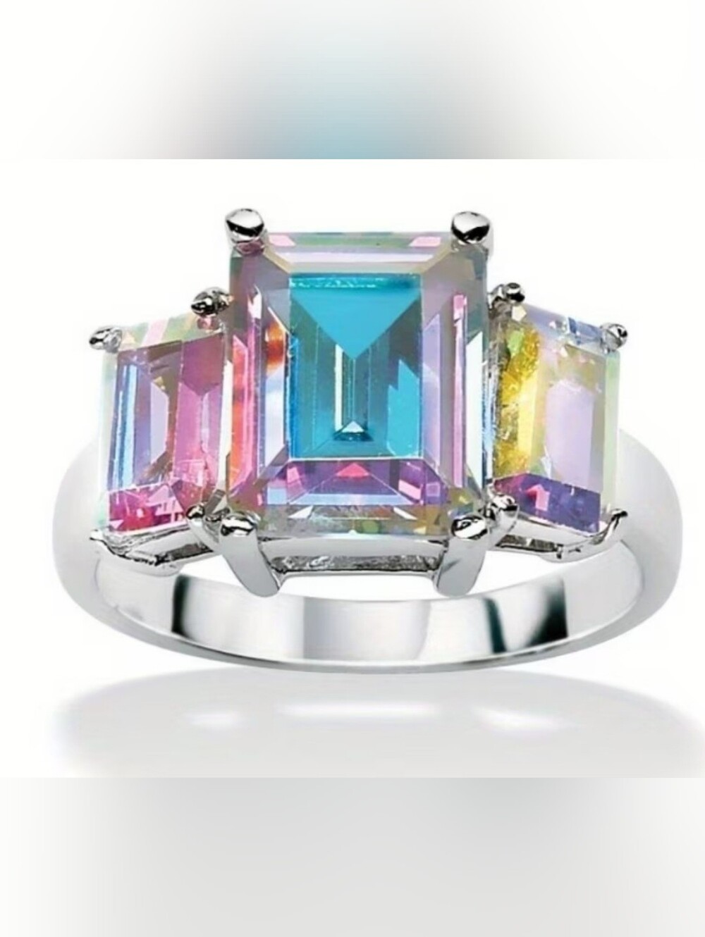 Silver-Setting Aurora Three-Stone Emerald-Cut Ring in Multicolor